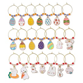 Easter Rabbit & Egg Alloy Enamel Wine Glass Charms, with Glass Bead and Brass Wine Glass Charm Rings