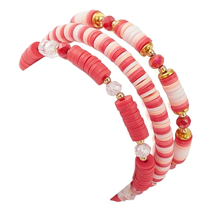 3Pcs 3 Style Polymer Clay Heishi Surfer Stretch Bracelets Set, Word & Heart Brass Charms Stackable Bracelets for Valentine's Day