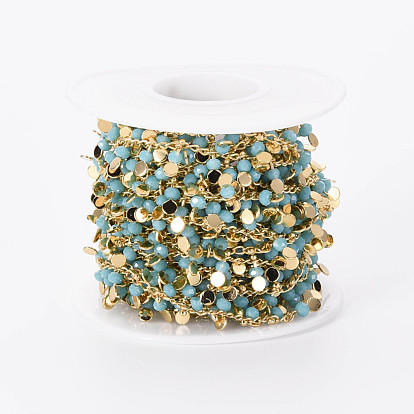 Cadenas de latón hechas a mano, con perlas de vidrio, soldada, carrete, encantos planas redondas, real 18 k chapado en oro