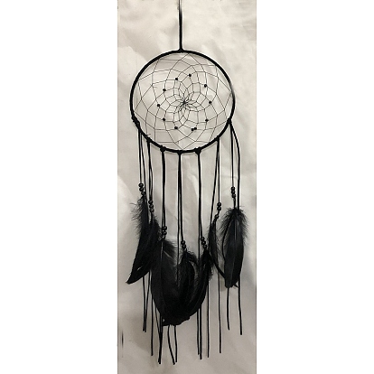 Woven Web/Net with Feather Pendant Decorations, with Polyester Cord and Iron Finding