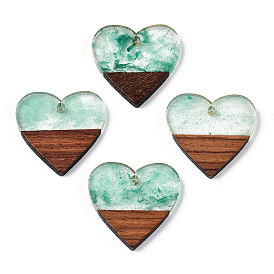 Transparent Resin & Walnut Wood Pendants, with Glitter Powder, Heart Charms