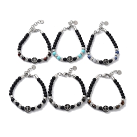 Cross Mixed Gemstone Round Beaded Bracelets, with 201 Stainless Steel Lobster Claw Clasps