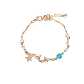 Moon & Star & Flower Alloy Charm Bracelet with Imitation Pearl Beaded, for Ramadan & Eid Mubarak