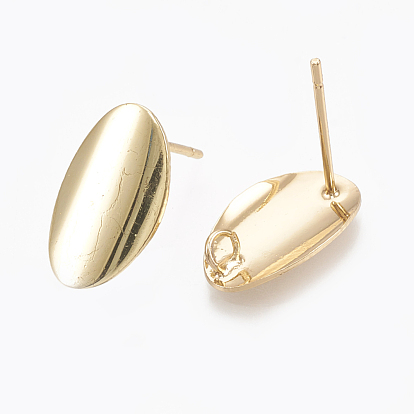 Brass Stud Earring Findings, with Loop, Real 18K Gold Plated, Oval