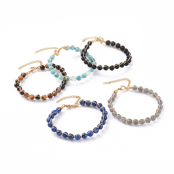 Natural Gemstone Bracelets, with 304 Stainless Steel Findings, Round