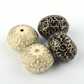 Flat Round with Flower Plating Acrylic Beads, Golden Metal Enlaced, 21x14mm, Hole: 2mm, about 136pcs/500g