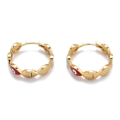 Brass Enamel Huggie Hoop Earrings, Long-Lasting Plated, Ring with Evil Eye, Golden