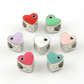 Enamel Style Heart Platinum Tone Alloy European Beads, Large Hole Beads, 10x10.5x8.5mm, Hole: 5mm