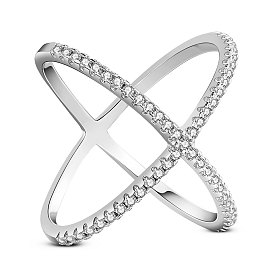 SHEGRACE 925 Sterling Silver Micro Pave AAA Cubic Zirconia Finger Ring, Criss Cross, Double rings, X Rings