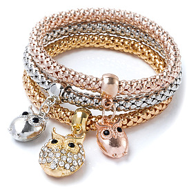 Sparkling Owl Pendant Popcorn Chain Bracelet Set - Three Colors, Elastic and Alloy Material for Women