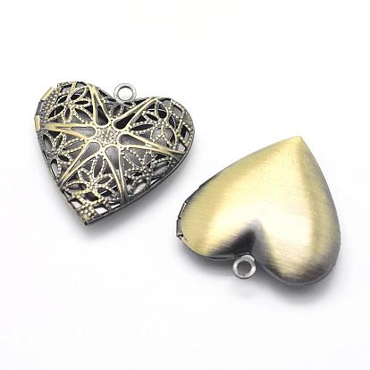 Brass Diffuser Locket Pendants, Photo Frame Charms for Necklaces, Cadmium Free & Nickel Free & Lead Free, Heart