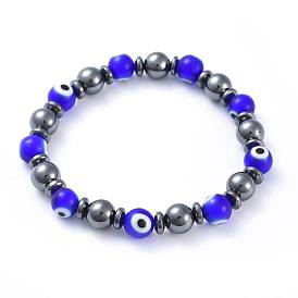 Perles de lampwork fait main mauvais oeil bracelets stretch, avec des non-magnétiques perles synthétiques d'hématite, ronde