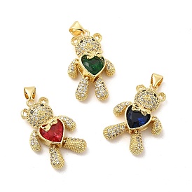 Brass Cubic Zirconia Pendants, Bear with Heart & Bowknot Charm, Mechanical Charm, Golden