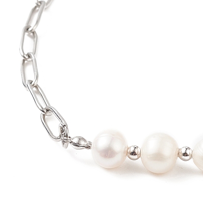 Collier pendentif coeur zircon cubique clair avec perle naturelle perlée, 304 collier de chaînes de trombones en acier inoxydable pour femme