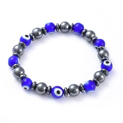 Handmade Evil Eye Lampwork Beads Stretch Bracelets, with Non-Magnetic Synthetic Hematite Beads, Round