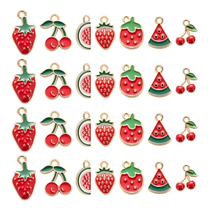 140Pcs 7 Style Light Gold Alloy Enamel Pendants, Watermelon Slice & Cherry & Strawberry