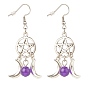 Woven Net with Natural Gemstone Dangle Earrings, Alloy Moon and Star Earrings for Women