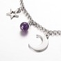 Moon & Star Stainless Steel Gemstone Charm Bracelets, with Lobster Claw Clasps, 7-1/4 inch (185mm)
