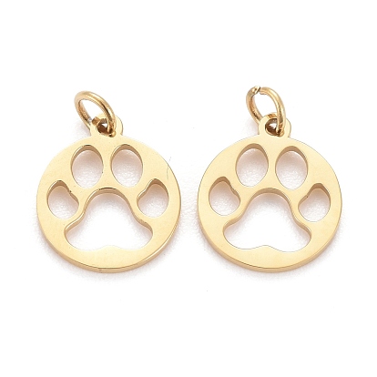 Ion Plating(IP) 304 Stainless Steel Pet Charms, with Jump Rings, Flat Round with Dog Footprint