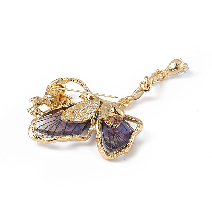 Broche de mariposa de resina con diamantes de imitación de cristal, insignia de aleación de oro claro para mujer