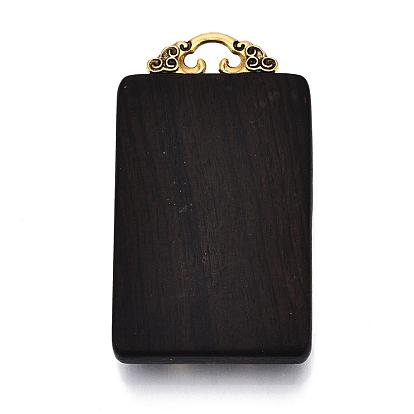 Handmade Indonesia Big Pendants, Wood Settings, with Brass Findings and Alloy Loop, Rectangle with Cyprinoid