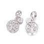 Brass Micro Pave Cubic Zirconia European Dangle Charms, Large Hole Pendants, Flat Round with Tree and Word Family, Clear