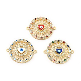 Rack Plating Brass Micro Pave Clear Cubic Zirconia Connector Charms, Flat Round with Heart Evil Eye Links, with Enamel, Cadmium Free & Lead Free, Real 18K Gold Plated