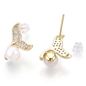 Brass Rhinestone Whale Tail & Natural Pearl Stud Earrings, with 925 Sterling Silver Pins