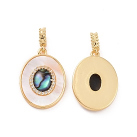 Brass Paua Shell & White Shell Pendants, with Micro Pave Cubic Zirconia, Oval Charms
