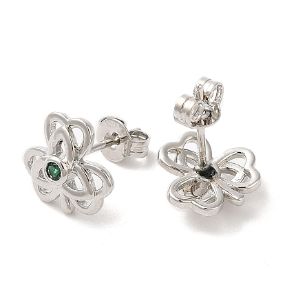 Rack Plating Brass Clover Stud Earrings with Cubic Zirconia for Women, Lead Free & Cadmium Free