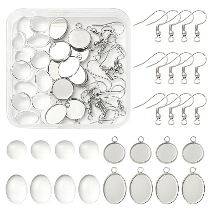 DIY Blank Dome Dangle Earrings Making Kit, Including 304 Stainless Steel Flat Round Pendant Cabochon Settings & Earring Hooks, Glass Cabochons