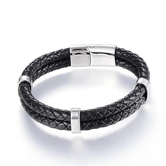 Braided Leather Cord Mkulti-strand Bracelets, with 304 Stainless Steel Magnetic Clasp