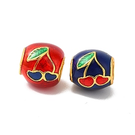 Rack Plating Alloy Enamel European Beads, Large Hole Bead, Drum Bead with Cherry, Matte Gold Color