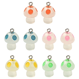 10Pcs 5 Colors Luminous Resin Pendants, Glow in the Dark Ornaments, Mushroom Charms with Platinum Tone Metal Loops