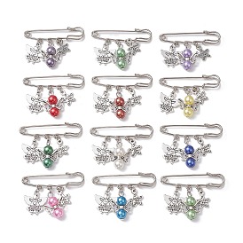 12Pcs 12 Colors Angel & Star Charms Safety Pin Brooch, Alloy Kilt Pins for Sweater Clasp Pants Waist Extender, with Imitation Pearl Acrylic Beads