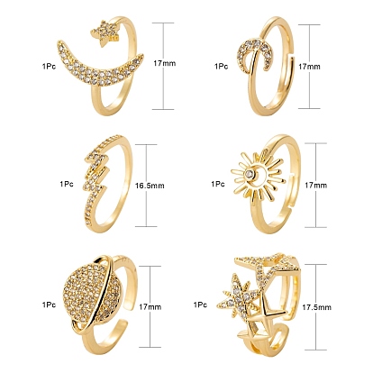 6 piezas 6 estilos latón micro pavé anillos de puño de circonita cúbica transparente, anillos abiertos, larga duración plateado, rayo y estrella con luna y estrella y planeta y sol
