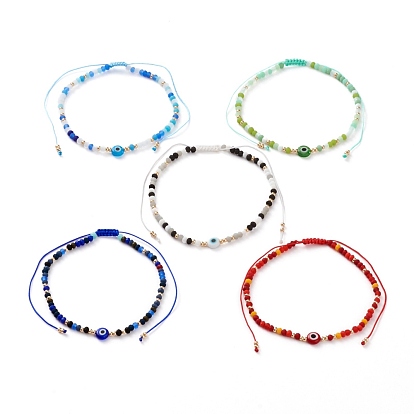 Nylon réglable bracelets cordon tressé de perles, avec le mal de perles au chalumeau des yeux, perles de rocaille en verre fgb et perles de verre dépoli