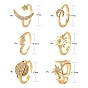 6 piezas 6 estilos latón micro pavé anillos de puño de circonita cúbica transparente, anillos abiertos, larga duración plateado, rayo y estrella con luna y estrella y planeta y sol