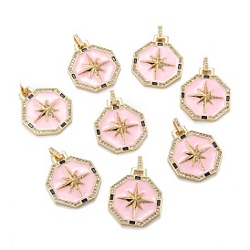 Brass Micro Pave Clear Cubic Zirconia Pendants, with Enamel, Octagon with Star