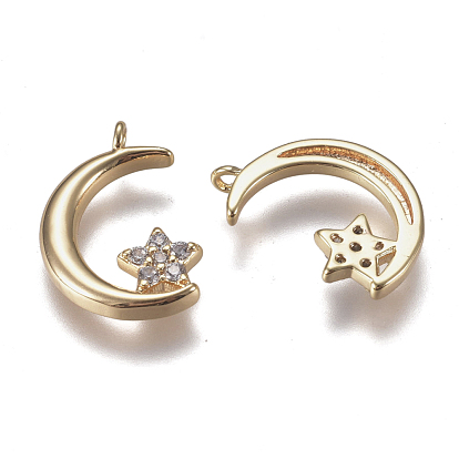 Brass Micro Pave Clear Cubic Zirconia Charms, Moon and Star