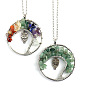 Natural Gemstone Chip Owl with Tree of Life Pendant Necklaces, Curb Chain Necklace for Women