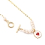 Émail en alliage pendentifs, avec des perles de nacre naturelle, chaînes de trombones et fermoirs à bascule en laiton, boîte de message plate avec coeur