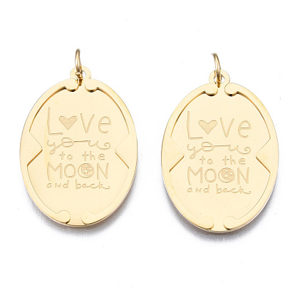 316 Surgical Stainless Steel Pendants, with Jump Rings, Oval with Word Love Moon