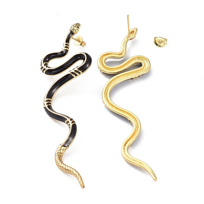 Real 18K Gold Plated Vivid Snake Enamel Stud Earrings, Brass Cubic Zirconia Long Earrings for Girl Women