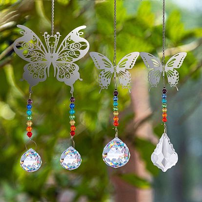 Glass Round/Leaf Big Pendant Decorations, Hanging Suncatchers, with Metal Butterfly Link for Garden Decoration