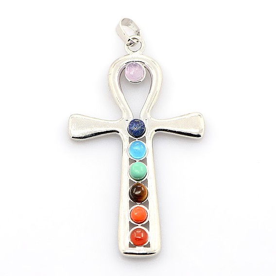 Vintage Chakra Jewelry Brass Gemstone Big Pendants, with Alloy Findings, Ankh Cross, Platinum