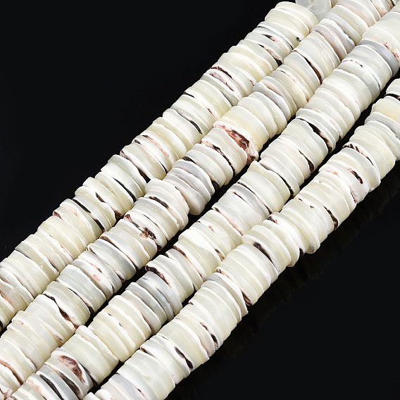 Hebras de cuentas de concha de trochus natural, perlas heishi, Disco redondo plano