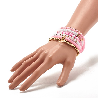 6Pcs 6 Style Handmade Polymer Clay Heishi Beads Stretch Bracelets Set, Surfering Preppy Bracelets with Heart Charm for Women, Golden