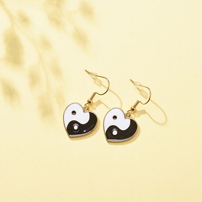 Heart with Tai Ji Alloy Enamel Dangle Earrings, 304 Stainless Steel Jewelry for Women