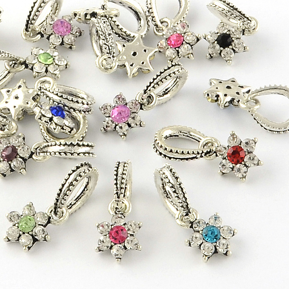 Flower Antique Silver Tone Alloy Rhinestone European Dangle Charms, Large Hole Pendants, 13.5x9x3.5mm, Hole: 5.5x6.5mm